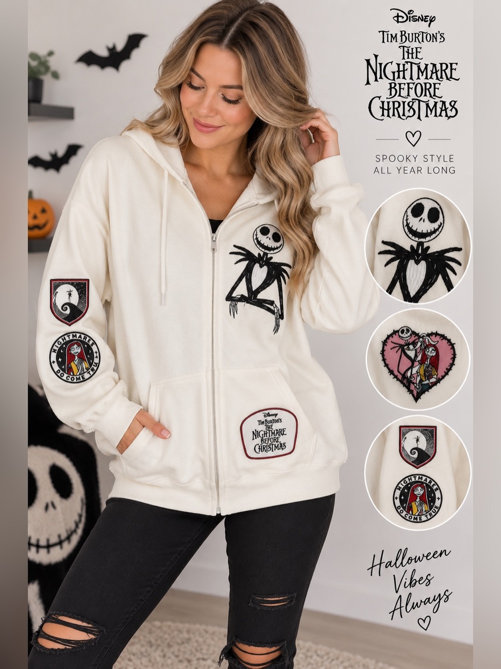 497 Disney Nightmare Before Christmas Jack Skellington Sally Ivory Zip Hoodie M